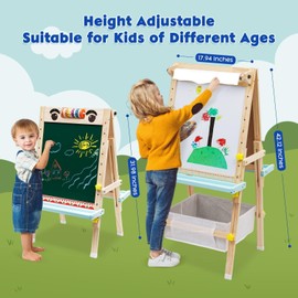 Kids Easel with Paper Roll Double-Sided Whiteboard & Chalkboard Wooden Art Easel Height Adjustable Standing Easel with Bead Numbers Alphabet Animal Accessories for Toddlers Boys Girls