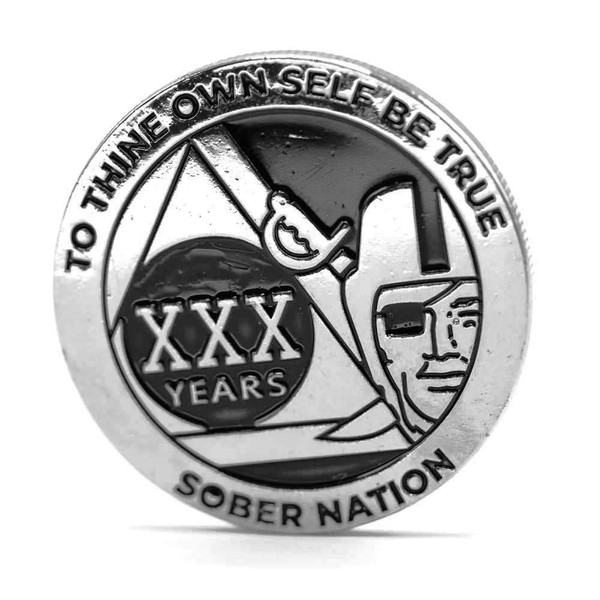 MYRECOVERYSTORE Silver and Black Pirate Alcoholics Anonymous AA Chip w/Coin Capsule AA Yearly Medallion 1-50 Years (Year 30)