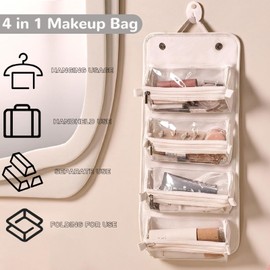 Travel Makeup Bag，Detachable 4in1 Cosmetic Bag with Independent Pouch，Large Capacity Waterproof Toiletry Bag，Portable Hanging Makeup Organizer Gift for Mother's Day, Christmas, Birthday (Black)