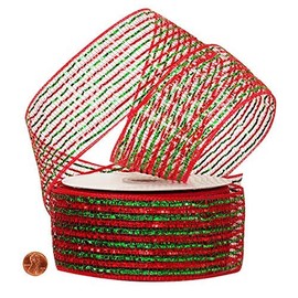 Christmas Wreath Maker Deco Mesh - 2-1/2" X 20 Yards, Red and Metallic Emerald Green Striped Ribbon Roll, Swag, Tree Topper, Bows, Gifts, Garlands, Presents