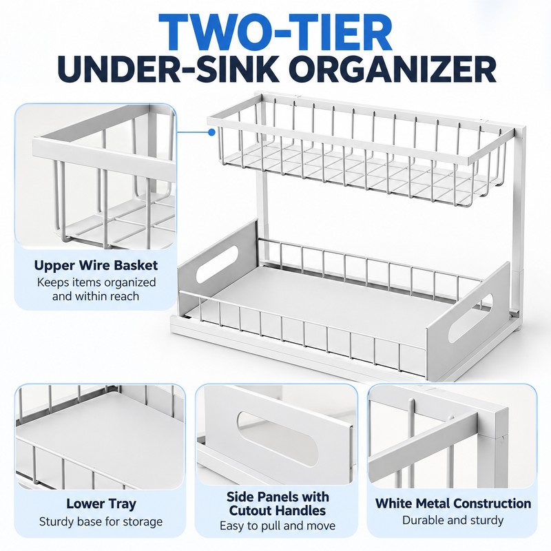 2-Tier Under Sink Organizer for Cabinet Storage – Metal Pull-Out