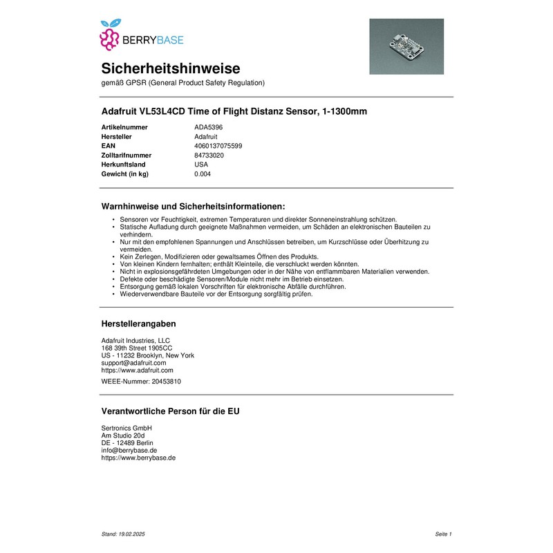 Adafruit VL53L4CD Time of Flight Distance Sensor, 1-1300 mm