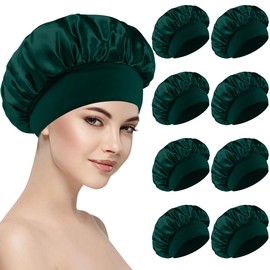 8 PCS Satin Hair Bonnet for Women | Elastic and Reusable Shower Hair Caps | Satin Bonnet for Sleeping Women, Shower Caps | Double Layers Hair Cap | Environmental Protection | 11.8 Inches, Dark Green