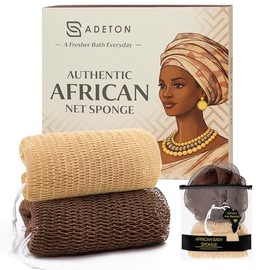 ADETON Esponja de red africana auténtica con nudos, 2 piezas exfoliantes corporales, esponja de baño Sapo, paño de lufa de nailon, exfoliante de espal