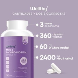 Wellthy Myo Chiro Inositol 360 Cápsulas Mezcla Óptima 2400mg 60mg Ingredientes 100 Naturales Gluten Free Sugar Vegan