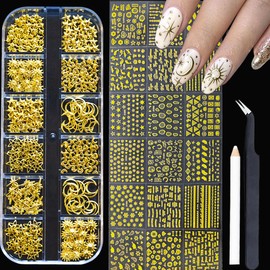 30 Sheets Gold Nail Art Sticker 3D Self-Adhesive Gold Star Moon Heart Line Nail Decals with 3D Nail Art Metal Charms Gold Metal Nail Art Design Nail Supplies for Women Manicure Kit Nail Art Decoration