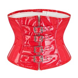 bslingerie Womens PVC Leather Underbust Waist Training Body Shaper Bustier Corset Top (M, Red Buckles)