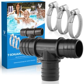 Villkin T-Hose Connector with 3 x Hose Clamps for the Pool - 32 mm - T-Piece Hose Nozzle for Pool Hoses Black