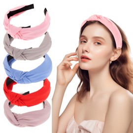 loucent 5-Pack Knotted Headbands for Women - Wide Non-Slip Top Knot Headbands for Stylish Hair Accessories- Dusty Pink & Light Gray