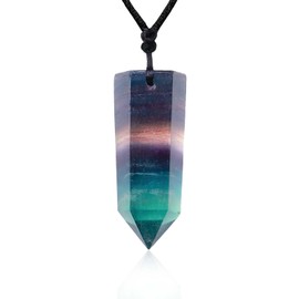 Runyangshi Rainbow Fluorite Pendants Single Pointed Natural Crystal Quartz Necklace 6 Faceted Chakra Crystal Wand for Men Women Hand-Woven Rope Gift