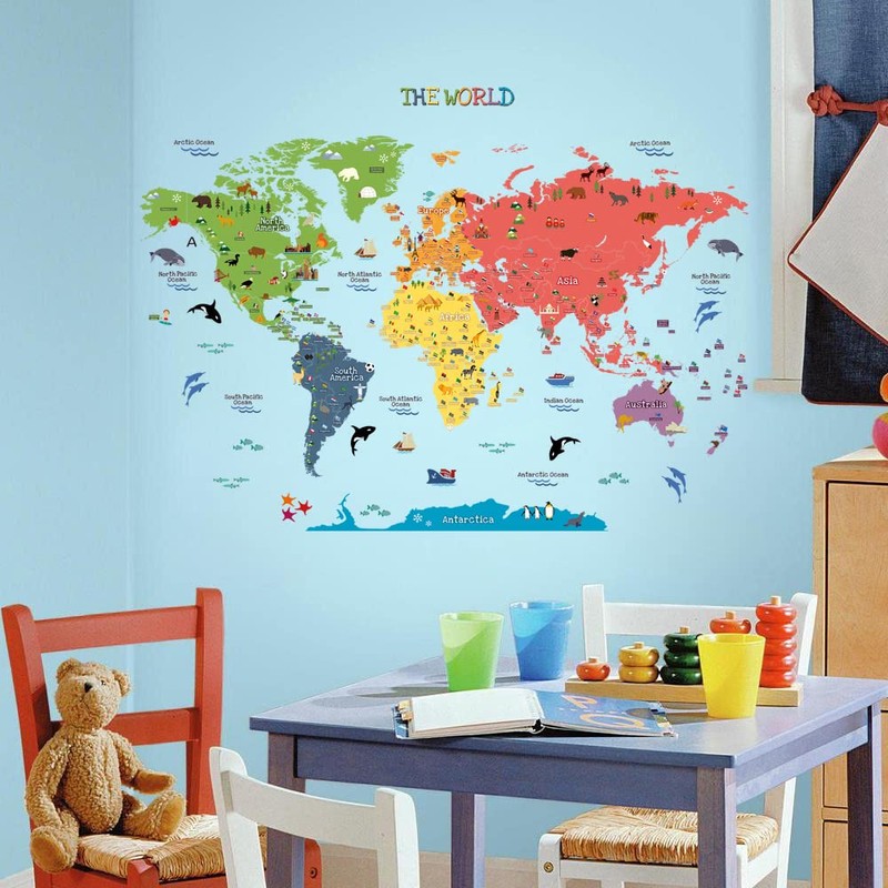 HomeEvolution Large Removable Educational World Map Peel and Stick Wall