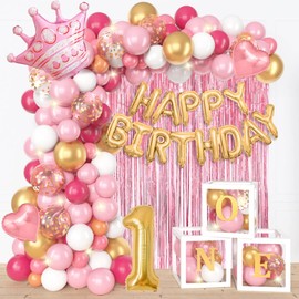 Amandir 1st Birthday Decorations for Girls 'ONE' Boxes, Pink Gold Confetti Balloons, Happy Birthday Banner, Fringe Curtain, Crown Number Foil Balloons Baby Girl First Birthday Party Supplies Backdrop