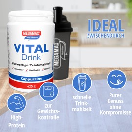 Megamax Nutrition - Cappuccino - Trinkmahlzeit zum Abnehmen - Mahlzeitenersatz - glutenfrei laktosefrei und vegetarisch - Diät-Drink mit Proteinen - 425 g = 10 Portionen - meal replacement shake