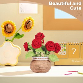 Myqqhbs Beginner Crochet Kit, Complete Crochet Kit - Potted Rose Bouquet, Small Knit DIY Yarn Rose Large Pot Decoration with Hand Sewing Needles and Video Tutorial