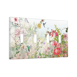 Colorful Blossom Spring Floral Flower Bird 4 Gang Quad Toggle Device Light Switch Cover Wall Plate Decorative Electrical Faceplate Large Size Outlet Light Switch Plate