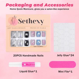 Sethexy Short Square Handmade Press On Nails Hand-Painted Shiny False Nails with Design 20 Pieces Full Cover Art False Nails for Women and Girls (8)