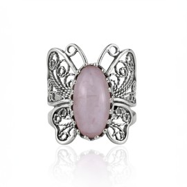 Filigranist Sterling Silver Filigree Art Butterfly Women Cocktail Ring with Gemstones (Rose Quartz, 10.5)