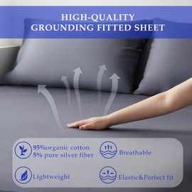 Grounding Fitted Sheet Silver Fiber Grounded Sheet Queen Size Sheets for Bed Cotton Earth Sheet with Cord (60"*80"*14",Queen,Grey)