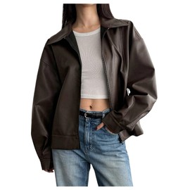 SOLY HUX Women's Zip Up Collared Faux Leather Motorcycle Jackets Causal Lightweight Oversized Outerwear Coat Solid Brown Large