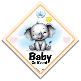 Baby on Board Car Sign, Cute Elephant Design, with Reusable Suction Cup, Pink and Grey, 14cm x 14cm