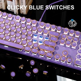 MageGee Typewriter Mechanical Gaming Keyboard, Retro Purple Punk Round Keycap LED White Backlit Wired Keyboards for Laptop MAC PC Gamer, with Magnetic Wrist Rest - Blue Switch