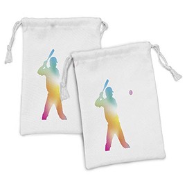 Ambesonne Baseball Fabric Pouch Set of 2, Colorful Reflection of Baseball Player Batter Softball Hitter Swinging Arms Print, Small Drawstring Bag for Toiletries Masks and Favors, 9" x 6", Multicolor