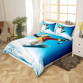 Feelyou Snowboarder Duvet Cover Ski Snowboard Bedding Set Winter Sport Comforter Cover Boys Girls Teens Bedroom Decor Telfer and Snowboarding Image Bed Set Queen Size With 2 Pillow Case (No Comforter)