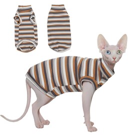 Sphynx Cat Shirt, Breathable Stretchy Cat Summer Vest, Lightweight Brown Striped Sleeveless Shirt for Hairless Cats, Soft & Comfortable Stretchy Vest for Cats and Small Dogs (Medium(3.5-5 lbs))