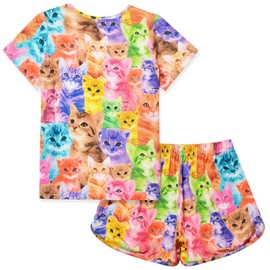 Jxstar Pajamas For Girls Cat Sleepwear Kid Cute Cotton Short Sleeves Set Teens Summer 3-4T