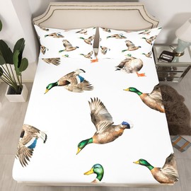 Mallard Duck Bed Sheet Set Hunting and Fishing Fitted Sheet Wild Animal Bedding Set for Boys Girls Kids Wildlife White Bed Cover Queen Size with 2 Pillow Case