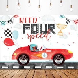 Glawry Need 4 Speed Birthday Backdrop 7Wx5H Feet Watercolor Red Racing Car Cartoon Cute Balloons Cool Boys Kids 4th Birthday Party Decorations Photography Background Photo Booth Studio