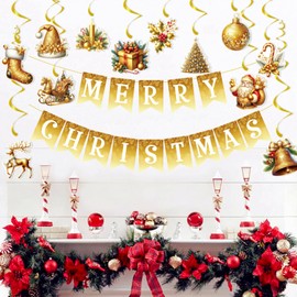 Christmas Decoration With Merry Christmas Bunting Banners 12pcs Hanging Foil Streamers Swirls Ceiling Decoration for Christmas Winter Holiday New Year Party Home Office Xmas Decorations Party Supplies