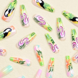 Spring Press on Nails Long Coffin Glossy Full Cover Acrylic Extra Long Square False Nails with Flower Snake Parrot Designs Artificial Ballerina Fake Nails with Glue Stick on Fingernails for Women