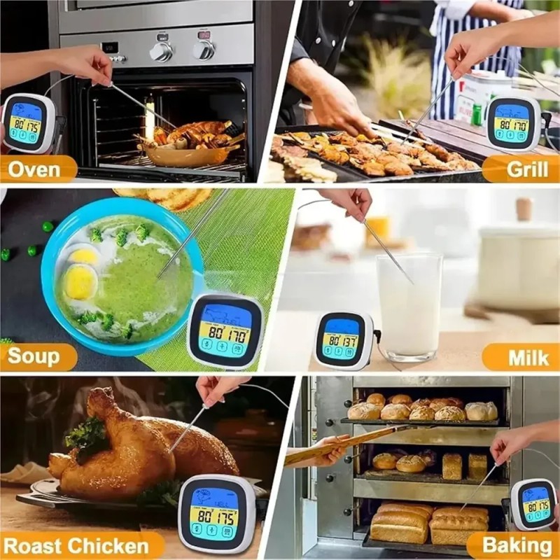 Termómetro Digital Cocina Para Carne, Doble Sonda Para Horno Plateado