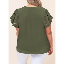 Eytino Womens Plus Size Casual Summer Round Neck Hollow Out Ruffle Short Sleeve T Shirts Tops,2X Army Green