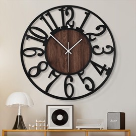 1st owned Large Wall Clock for Living Room Decor- 24" Decorative Antique Silent Non Ticking,Battery Operated,Black Metal,Wood Clocks for Farmhouse,Dining Room,Bedroom,Kitchen - Arabic Numerals
