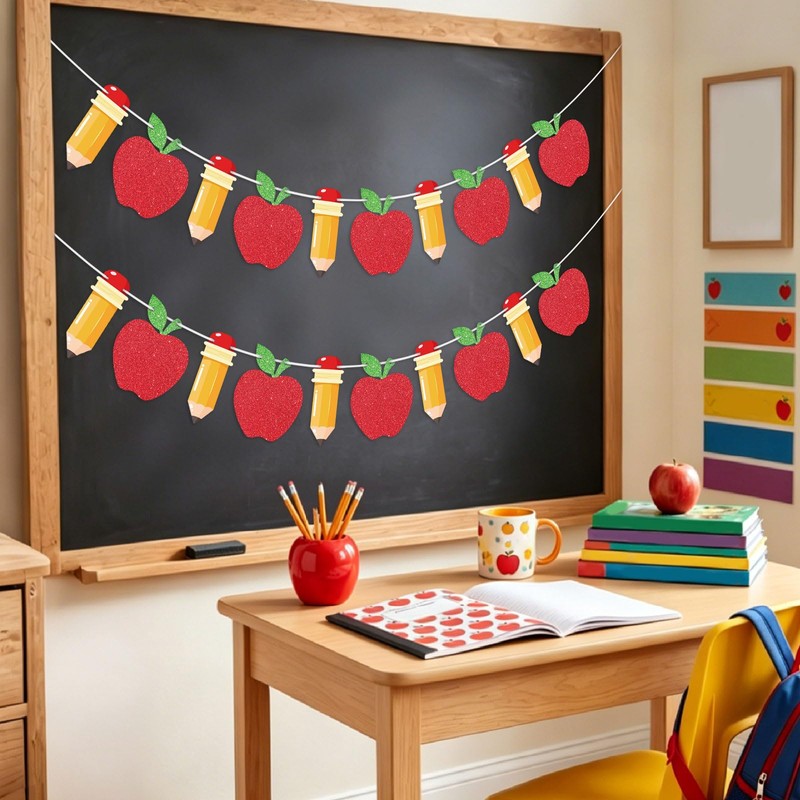 2 Pieces Back to School Pencil and Apple Banner Decorations