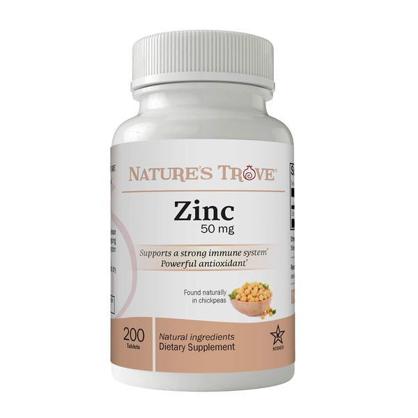 Zinc 50mg as Zinc Gluconate, 200 Zinc Tablets, Vegan, by Nature’s Trove