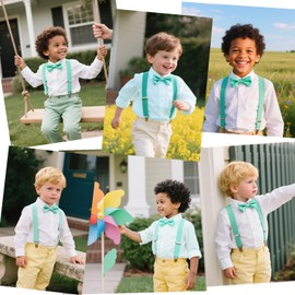 JZK Bright teal green kids bow tie and braces set for boys under 135cm, adjustable clip-on Y-shape suspenders with bowtie for little boy children for wedding, party