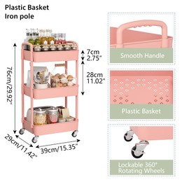 Sywhitta 3-Tier Plastic Rolling Utility Cart with Handle, Multi-Functional Storage Trolley for Office, Living Room, Kitchen, Movable Storage Organizer with Wheels, Pink