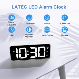 LATEC Digital Alarm Clock, LED Digital Alarm Clock with 2 Alarms, Snooze, Digital Clock with USB Charging Port, 0-100% Brightness Dimmer, 90-120dB Alarm Volume, 8 Ringtones, 12/24H, Mains Powered