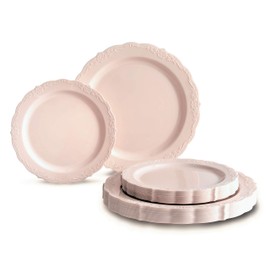 " OCCASIONS " 50 Plates Pack (25 Guests)-Vintage Wedding Party Disposable Plastic Plate Set -25 x 10'' Dinner + 25 x 7.5'' Salad/Dessert plates (Verona Blush Pink/Antique Rose)