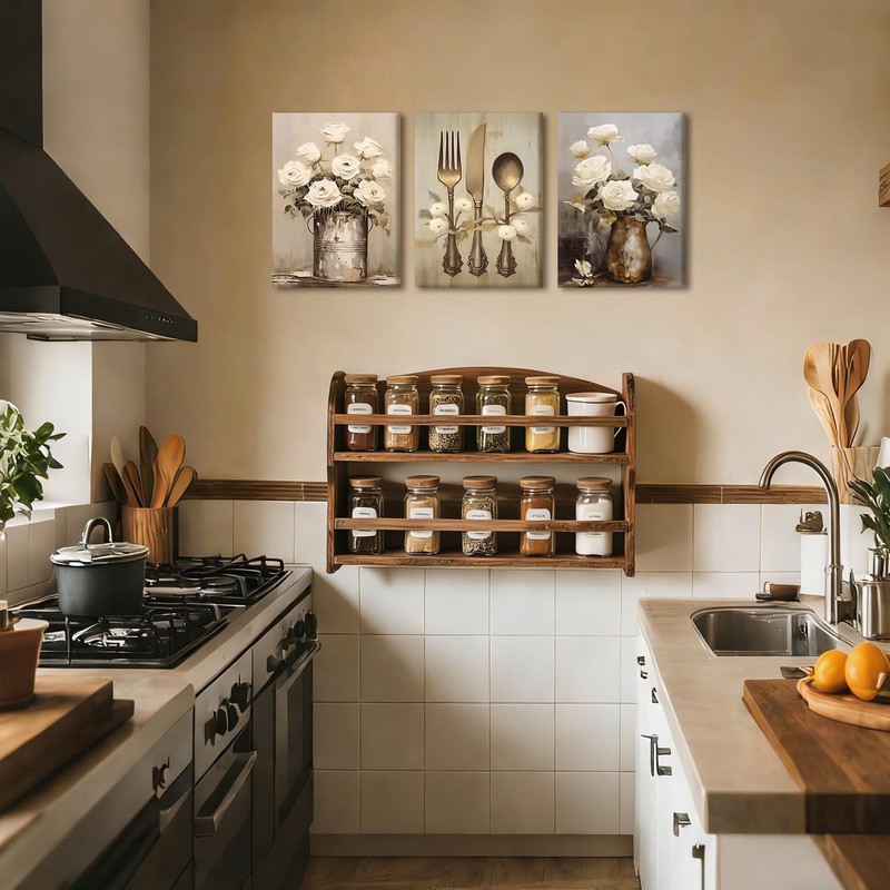 Doqueodas 3 pcs Vintage Floral Kitchen Canvas Framed Wall Art