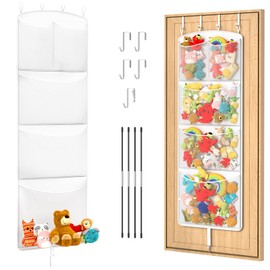 Teoon Stuffed Animal Storage Hanging Toy Organizer Over The Door Toy Storage with Metal Hooks and Support Bars for Kids Room or Nursery, White