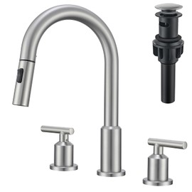 ASRCLOO Bathroom Faucet with Pull Down Sprayer, Brushed NickelBathroom Sink Faucet 3 Hole, Widespread 8 Inch Pull Out Bathroom Faucet, Two Handles Bathroom Faucet with Pop-Up Drain