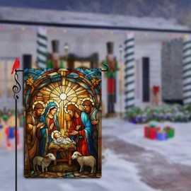 Lorugekyu O Holy Night Garden Flag Jesus Birth Nativity Night Small Flag for Outside Stained Glass Style Burlap Double Sided Welcome Yard Lawn Winter Decor 12.5x18"