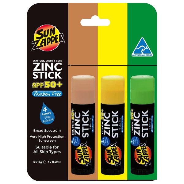 Zinc Oxide Mineral Sunscreen Pen (Light Skin, Green, Yellow) SPF 50+ Waterproof for Face & Body, Adults, Kids, 4 Pack Wide Spectrum Colour Sun Protection - Australian Sun Cream