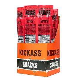 Kickass Spicy Meat Sticks 16ct Case - 2oz Twin Packs of Pork and Beef Jerky Snack Sticks - Beef Stick Meat Snacks - Jerky Sticks