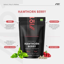 Organic Hawthorn Berry 1000mg – 180 Vegan Capsules – High Strength Crataegus Monogyna Supplement – Clean & Potent Formula – Resealable and Recyclable Pouch by Alpha01