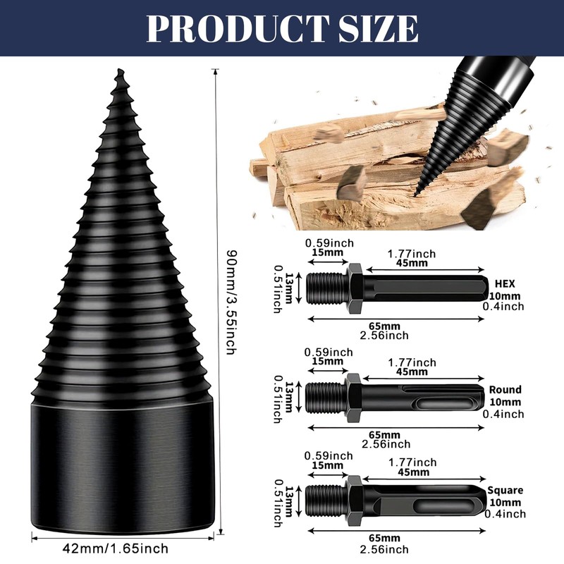 42 mm Wood Splitter Drill, Firewood Drill with 3 Drill